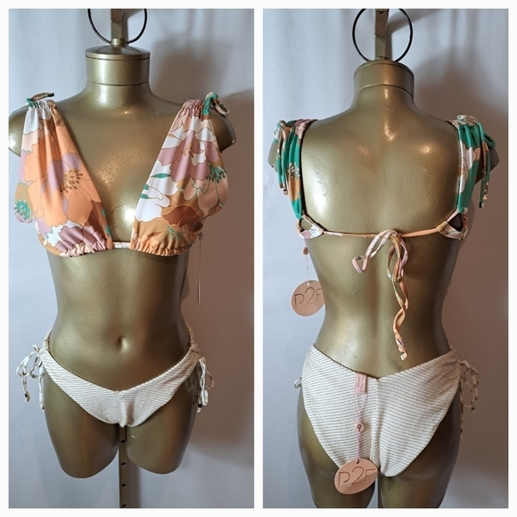 Power To The Flower 2 Pc Bikini With Flowered Top & Cream & Gold Striped Bottoms - Picture 2 of 9